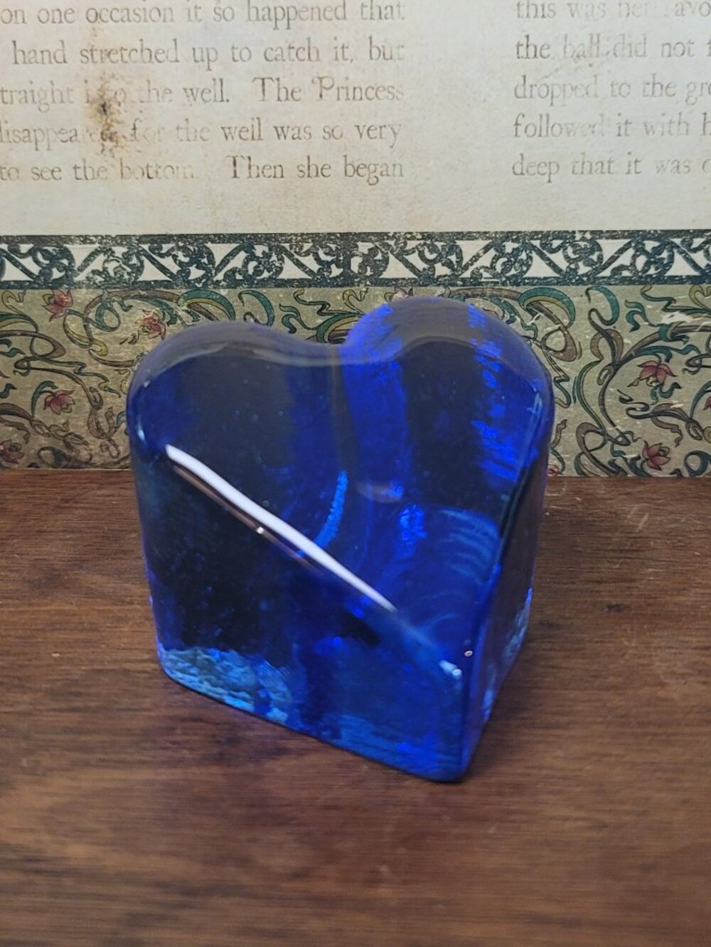Blue Cobalt Fire & Light Glass Heart Paperweight Signed